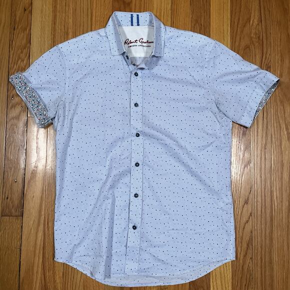 Robert Graham Short Sleeve Shirt Dot Pattern Over Grid Floral Flip Size Small - Picture 2 of 12